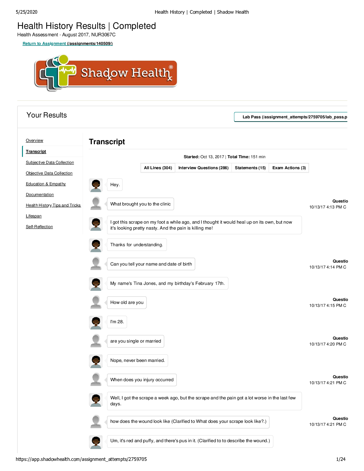 Health History Completed Shadow Health Tina Jones Transcript, All Correct Latest Review, (Latest 2021) Correct Study Guide, Download to Score A